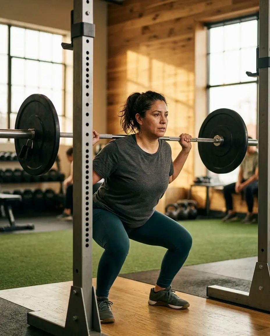 Barbell back squat during a coached strength session