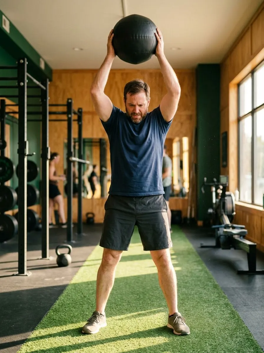 Overhead medicine ball work on the training turf