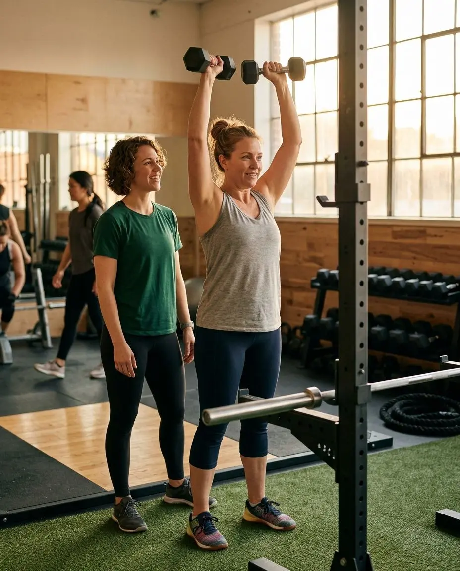 Coached overhead dumbbell press in a small group session