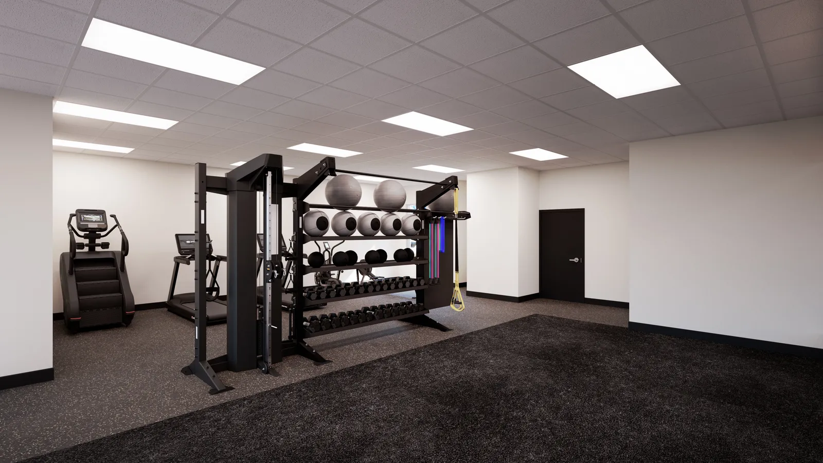 The Valdes Performance functional training area with a rig, medicine balls, and resistance bands