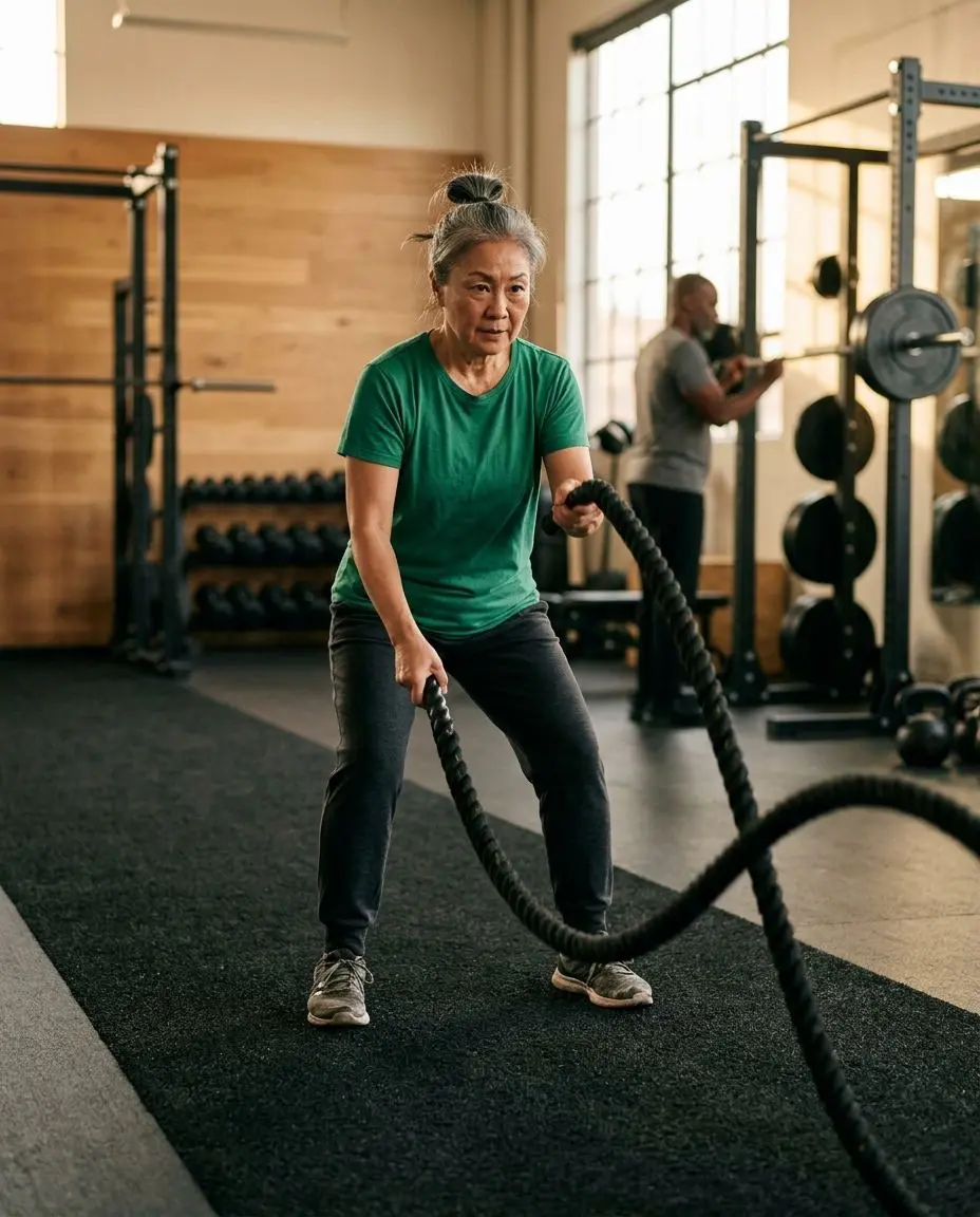 A person performing battle rope training in a gym, with a squat rack and dumbbells nearby