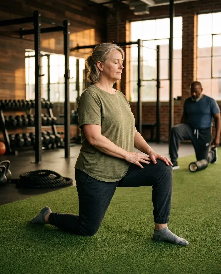 A kneeling hip flexor stretch during a mobility session on turf flooring