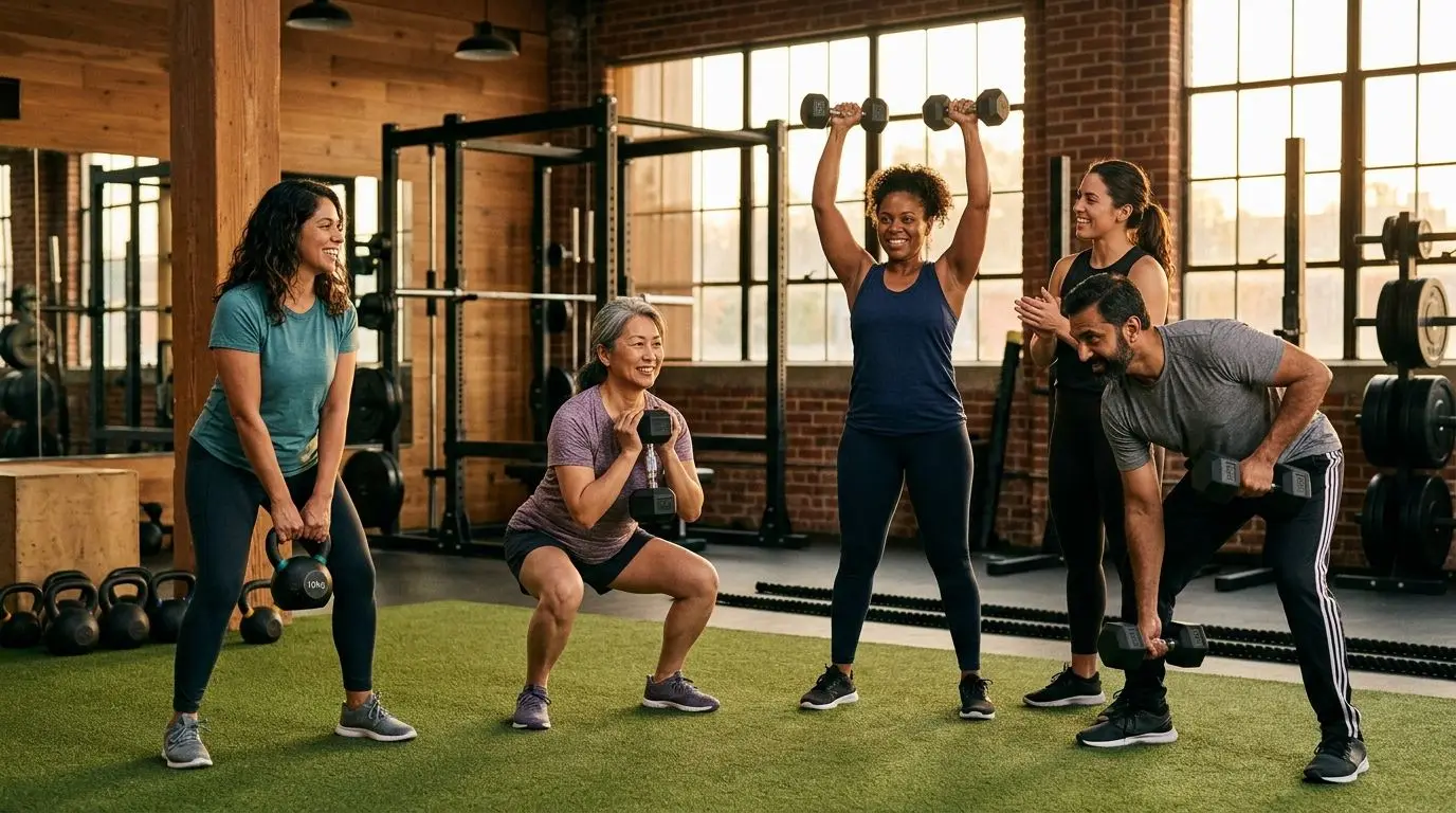 A group fitness class training with kettlebells and dumbbells