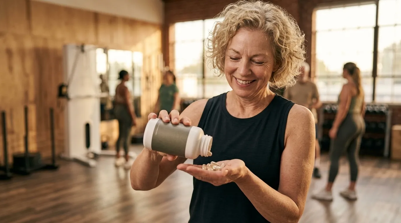 A person pouring supplement capsules from a bottle into their hand
