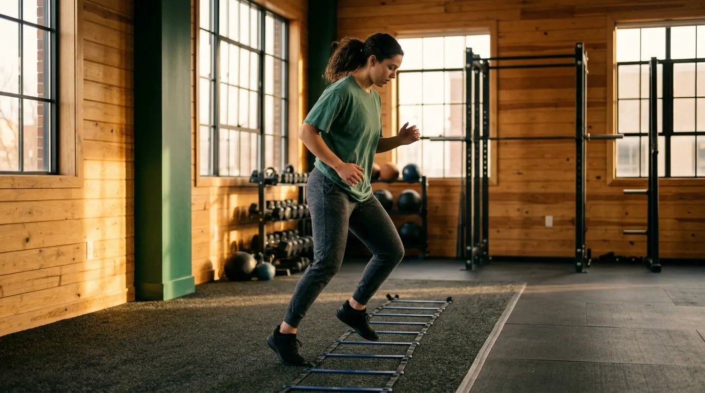 A high school senior athlete running an agility ladder drill in the training studio